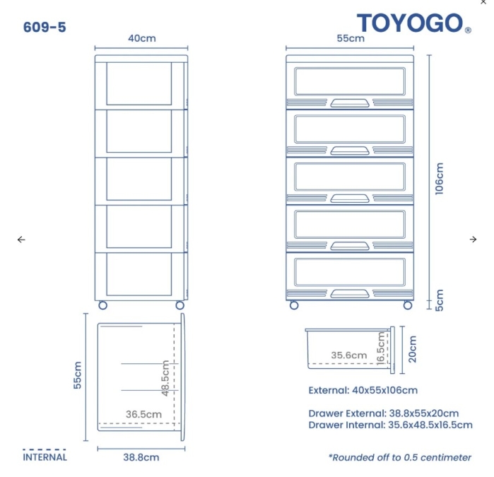 5 Tiers Wide Storage Drawers (Code: 609-5)