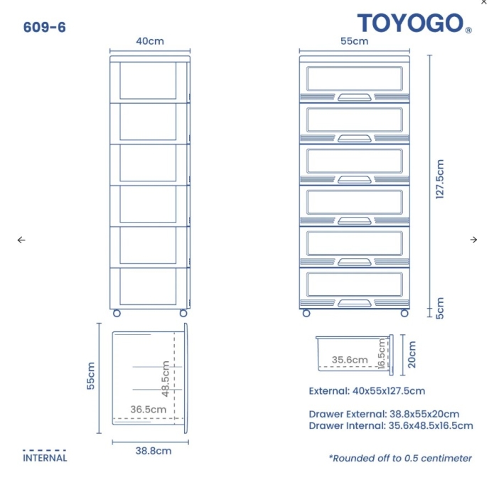 6 Tiers Wide Storage Drawers (Code: 609-6)